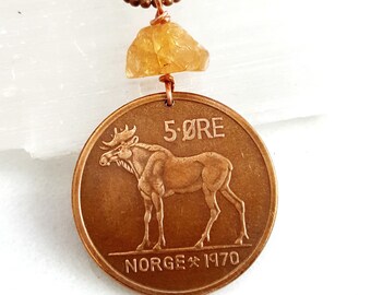 1961 Moose necklace. 1971 Coin necklace. November birthday. Moose pendant. Norwegian. Elk. coin jewelry. Topaz necklace. November birthday