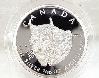 2005 Fine silver .999 coin Lynx coin. Canada silver proof coin. Commemorative issue. Collectible coin.