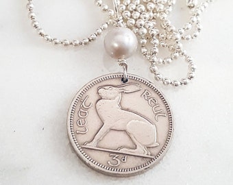 Rabbit necklace. Coin Jewelry. Vintage IRELAND RABBIT coin necklace. Irish hare. harp. celtic. Year of the Rabbit