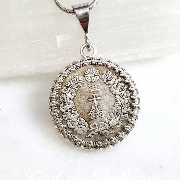 Antique Japanese silver coin necklace. Meiji period silver coin. Heirloom jewelry. Sunburst necklace. Sterling silver bezel. Kanji necklace.