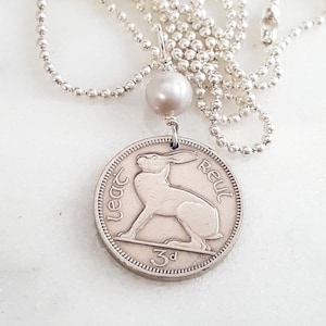 Rabbit necklace. Coin Jewelry. Vintage IRELAND RABBIT coin necklace. Irish hare. harp. celtic. Year of the Rabbit