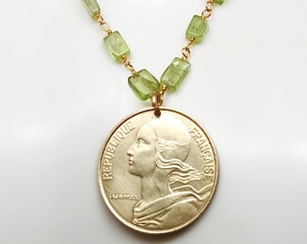 Art Deco coin necklace. France coin necklace. Peridot necklace. August birthstone. Liberty head. Republique Francaise. Coin jewelry.