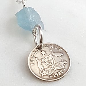 Antique SILVER coin necklace. 1922 Australia three pence. Raw Aquamarine necklace. kangaroo. emu. Aussie sterling coin. March birthstone