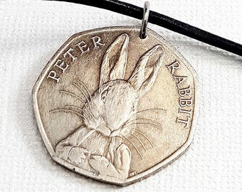 Beatrix Potter Commemorative coins. Peter Rabbit. Coin necklace. Coin keychain. Easter gift. year of the rabbit