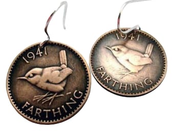 Coin Jewelry - WREN BIRD coin earrings - bird earrings - wren earrings - vintage coins - bird coins - England - Farthing - song bird