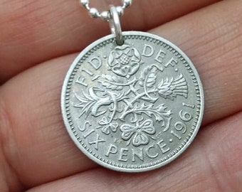 Sixpence necklace. 1953-1967 COIN NECKLACE. lucky wedding six pence. Tudor Rose, Irish Shamrock, Scottish thistle, Welsh leek. Scotland