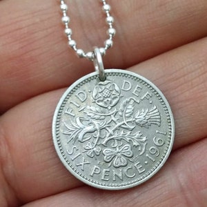 Sixpence necklace. 1954-1967 COIN NECKLACE. lucky wedding six pence. Tudor Rose, Irish Shamrock, Scottish thistle, Welsh leek. Scotland