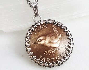Wren Bird Necklace: Vintage Copper Farthing Coin, Sterling Silver