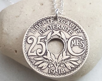 Antique France COIN NECKLACE. Art Nouveau coin pendant. French coin necklace. Republique Francaise. Coin jewelry. Random year. Mens pendant