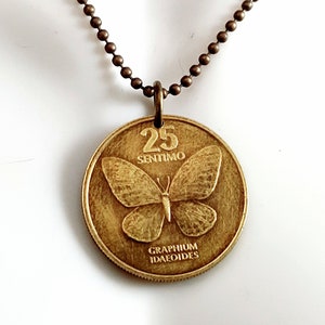 Butterfly Necklace - rare Philippines 25 sentimos coin necklace - butterfly pendant - butterfly jewelry - Graphium idaeoides - Juan Luna