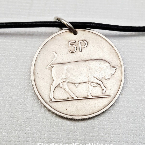 1982 Bull Necklace. IRELAND COIN necklace. Taurus pendant. Irish harp. May birthday. Year of the Ox. Irish. man necklace. Mens gift.