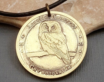 Owl Necklace or keychain. Ukraine commemorative coin. Owl jewelry. Medallion. Boreal owl. Animal series. gifts for her