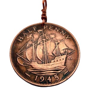 Ship Necklace. GREAT BRITAIN copper coin pendant. Coin necklace. Golden Hind ship. full sail. Copper penn. antique Ship coin jewelry