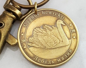 Swan Necklace. Swan keychain. Ukraine commemorative coin. Swan jewelry. Medallion. Cygnus Bewickii.