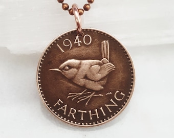 Bird Necklace. 1937 - 1956 WREN BIRD COIN necklace. Coin Jewelry. English. Jenny Wren. Christopher Wren. songbird necklace. Wren jewelry