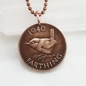 Vintage Wren Bird Coin Necklace: British Farthing Pendant (1937-1952)
