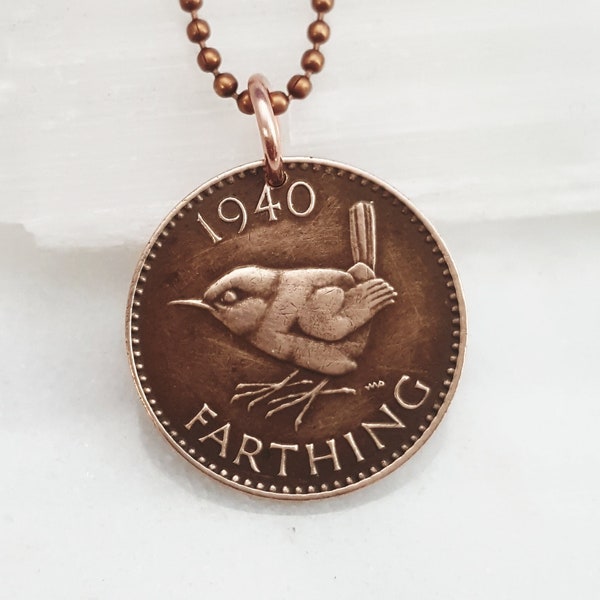 Bird Necklace. 1937 - 1956 WREN BIRD COIN necklace. Coin Jewelry. English. Jenny Wren. Christopher Wren. songbird necklace. Wren jewelry