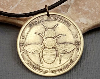 Bee Necklace or keychain. Ukraine commemorative coin. Bee jewelry. Medallion. Stelis Annulata. Animal series. gifts for her. Bumblebee