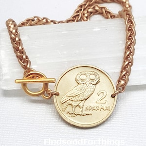 Owl of Athena coin bracelet. 1973 vintage Greece owl coin. Greek bracelet. coin jewelry. owl jewelry. Athena bracelet. Gold bracelet