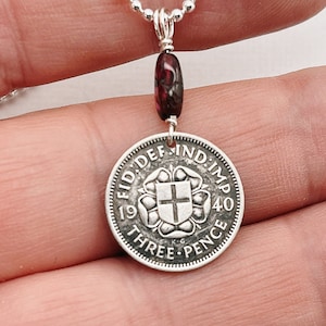 Coin Jewelry - Antique SILVER BRITISH 3 pence coin necklace - garnet - shield on rose - crest - cross crest - British - silver pence
