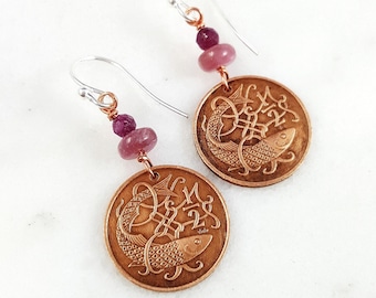 Coin Earrings. Isle of Man copper coins. Fish earrings. Ruby Pink Tourmaline. July birthstone. Celtic coin jewelry.