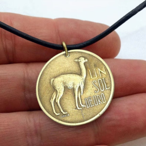 coin necklace - Peru Vicuna coin -  vintage brass coin - alpaca - llama - South America camelids - endangered species