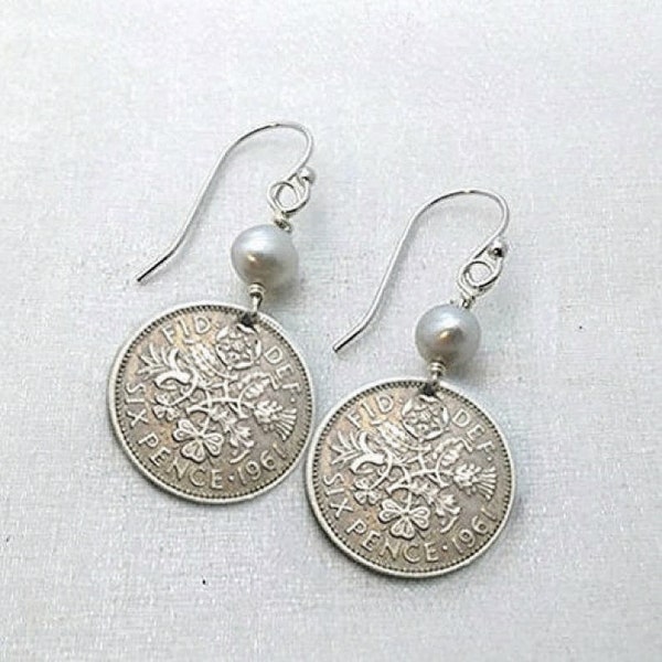 Sixpence coin earrings. Lucky wedding six pence. pearl earrings. Tudor Rose. Irish Shamrock. Scottish thistle. Welsh leek. Random years