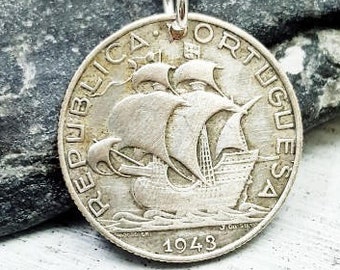Antique Silver Ship Necklace. Portugal necklace. Silver Coin Jewelry. Sailing ship. nautical gift. Mens necklace