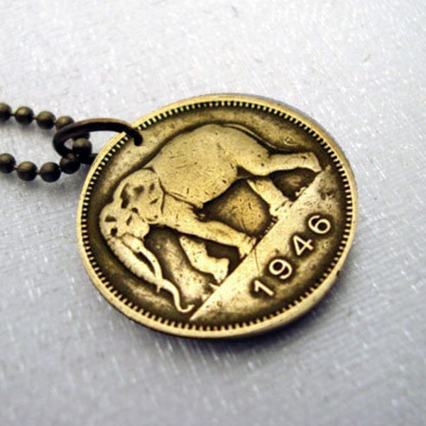 ELEPHANT necklace. 1940s Coin necklace. Collectible coin. Elephant jewelry. Mens gift. Antique Congo coin. African rare coin