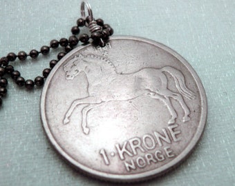 HORSE NECKLACE. Norway horse coin. Horse jewelry. Horse lover. Horse rider. Horse riding. Norwegian. Scandinavian. Coin jewelry