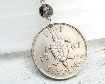 Coin jewelry. vintage 1965 sea TURTLE COIN NECKLACE from Fiji.  turtle necklace. sacred seven gemstone. Turtle jewelry. birthday gift