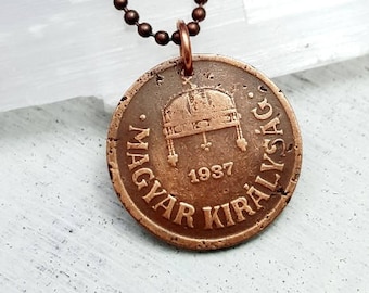 Hungarian Copper Coin Necklace: Antique 1920s, 1930s Holy Crown Jewelry