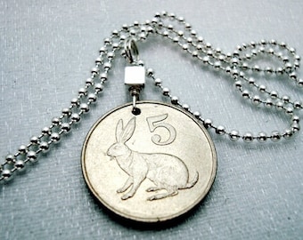 Rabbit Jewelry. Zimbabwe RABBIT coin necklace pendant. Rabbit necklace. rabbit charm. hare necklace. lapin. Year of the Rabbit