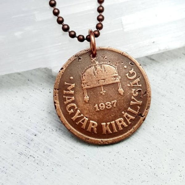 Coin Jewelry - antique 1937 Hungary 2 Filler COPPER COIN NECKLACE - Hungary - Budapest - holy crown - transylvania - Hungarian jewelry