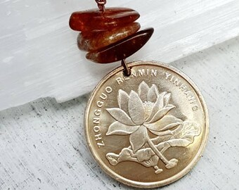 LOTUS COIN NECKLACE. Waterlily coin. lotus flower necklace, waterlily necklace. florist, horticulturist, gardener. July birth flower.