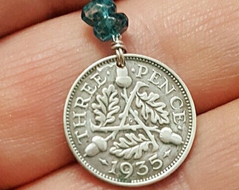 Antique Silver Three Pence Coin Necklace: Blue Topaz Birthstone