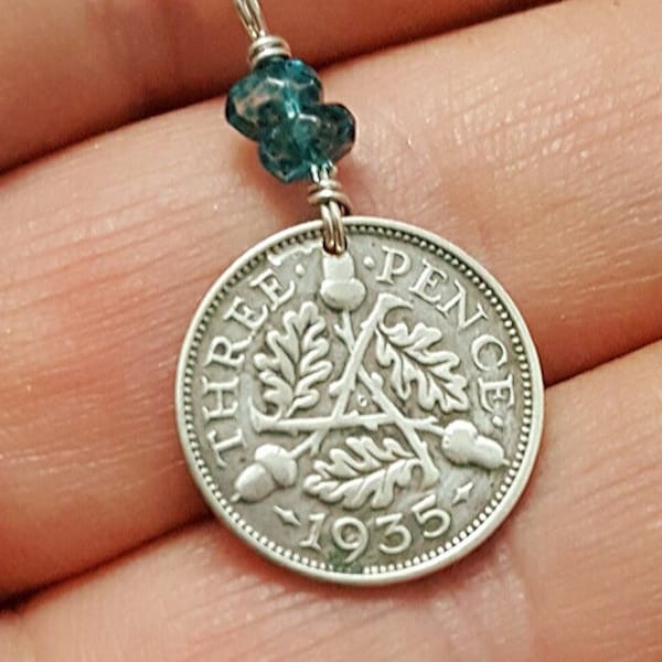 Antique silver COIN NECKLACE. lucky three pence. Blue Topaz necklace. English Scottish Irish. silver coin jewelry. Birthstone necklace