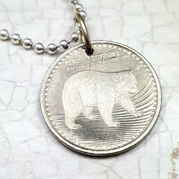 Bear coin necklace. Spectacled Bear necklace. Colombia coin. WWF vulnerable species. Bear jewelry. Bear pendant. Coin jewelry. Coin pendant