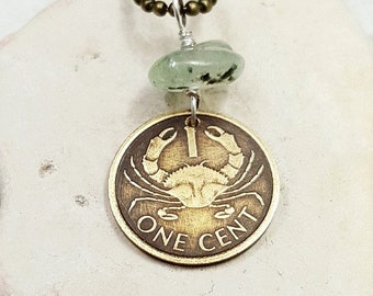 Crab necklace, 1997 Coin necklace, Cancer necklace, 21st birthday, Cute little brass Crab coin, Green Prehnite, cancer zodiac, Cancer gift