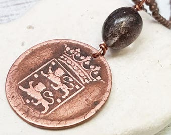 Antique coin necklace. Netherlands 1700s one duit copper coin pendant. Quartz necklace. Lion necklace. Dutch lion. New York penny. Friesland