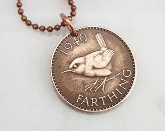 Vintage Wren Bird Coin Necklace: British Farthing Pendant, Copper Chain