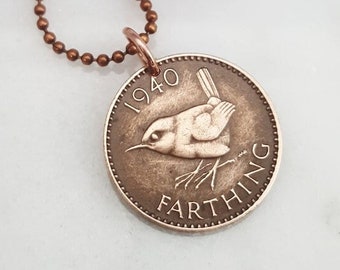 Bird Necklace. 1937 - 1956 WREN BIRD COIN necklace. Coin Jewelry. English. Jenny Wren. Christopher Wren. songbird necklace. Wren jewelry