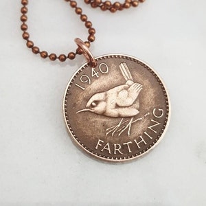 Bird Necklace. 1937 - 1956 WREN BIRD COIN necklace. Coin Jewelry. English. Jenny Wren. Christopher Wren. songbird necklace. Wren jewelry