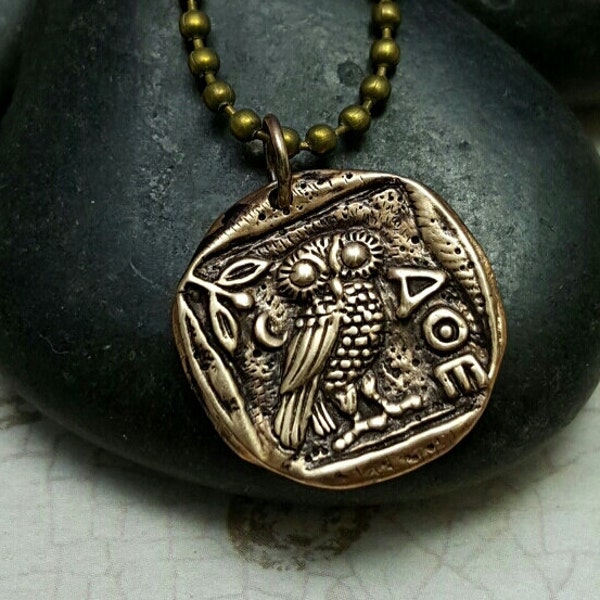 Owl of Athena necklace - goddess athena - repro Greek tetradrachm bronze coin