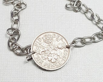 Coin Bracelet. 1953-1967 SIXPENCE COIN. English Rose. celtic jewelry. Welsh leek. Scottish thistle. coin jewelry. sixpence jewelry
