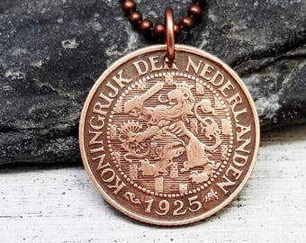 LION NECKLACE. man necklace. Netherlands Antique copper COIN Necklace. Dutch jewelry. House of Oranje. lion rampant. mens jewelry