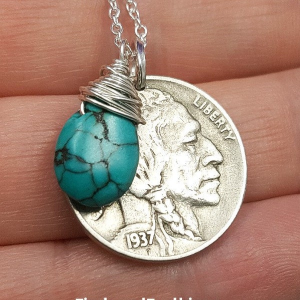 INDIAN HEAD COIN necklace with Turquoise. Antique Coin pendant. Turquoise jewelry. antique buffalo nickel. December birthstone