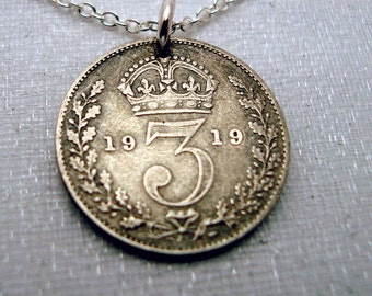 Antique BRITISH 3 PENCE SILVER coin necklace pendant - sterling coin - delicate silver chain - crown - floral wreath - 3rd anniversary