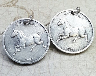 Horse earrings - horse coin dangles - year of the horse - trotting horse earrings - pony earrings - coin jewelry - horse riding