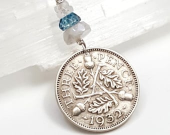 Antique silver COIN NECKLACE. lucky three pence coin.Blue Topaz necklace. English Scottish Irish. silver coin jewelry. December birthstone